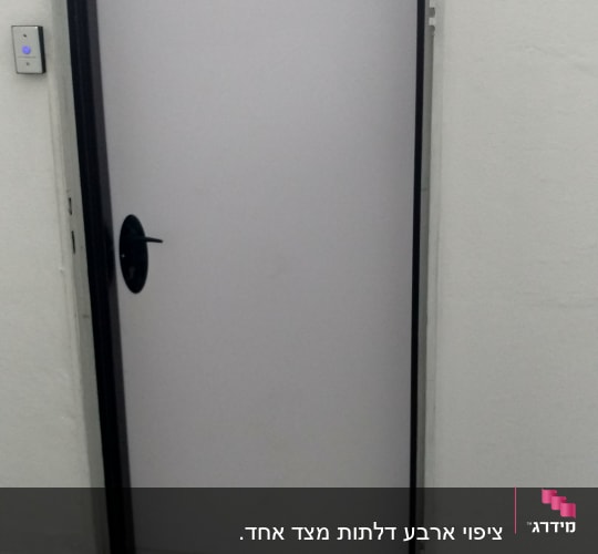 דלת לבנה עם ידית שחורה ומסגרת כהה